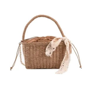 Lady′ S Woven Drawstring Basket Bag Straw Handbag for Women