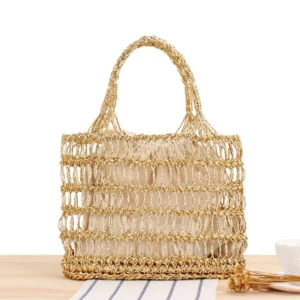Gold and Silver Thread Woven Bag Hollow out Mesh Handbag for Women