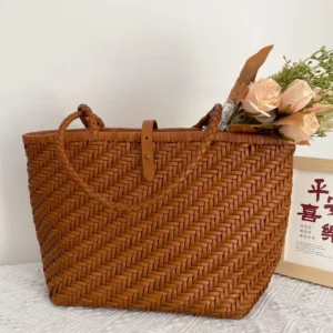 Dragon Hand-Woven Cowhide Women's French Vegetable Basket Genuine Leather Shoulder Tote Bag